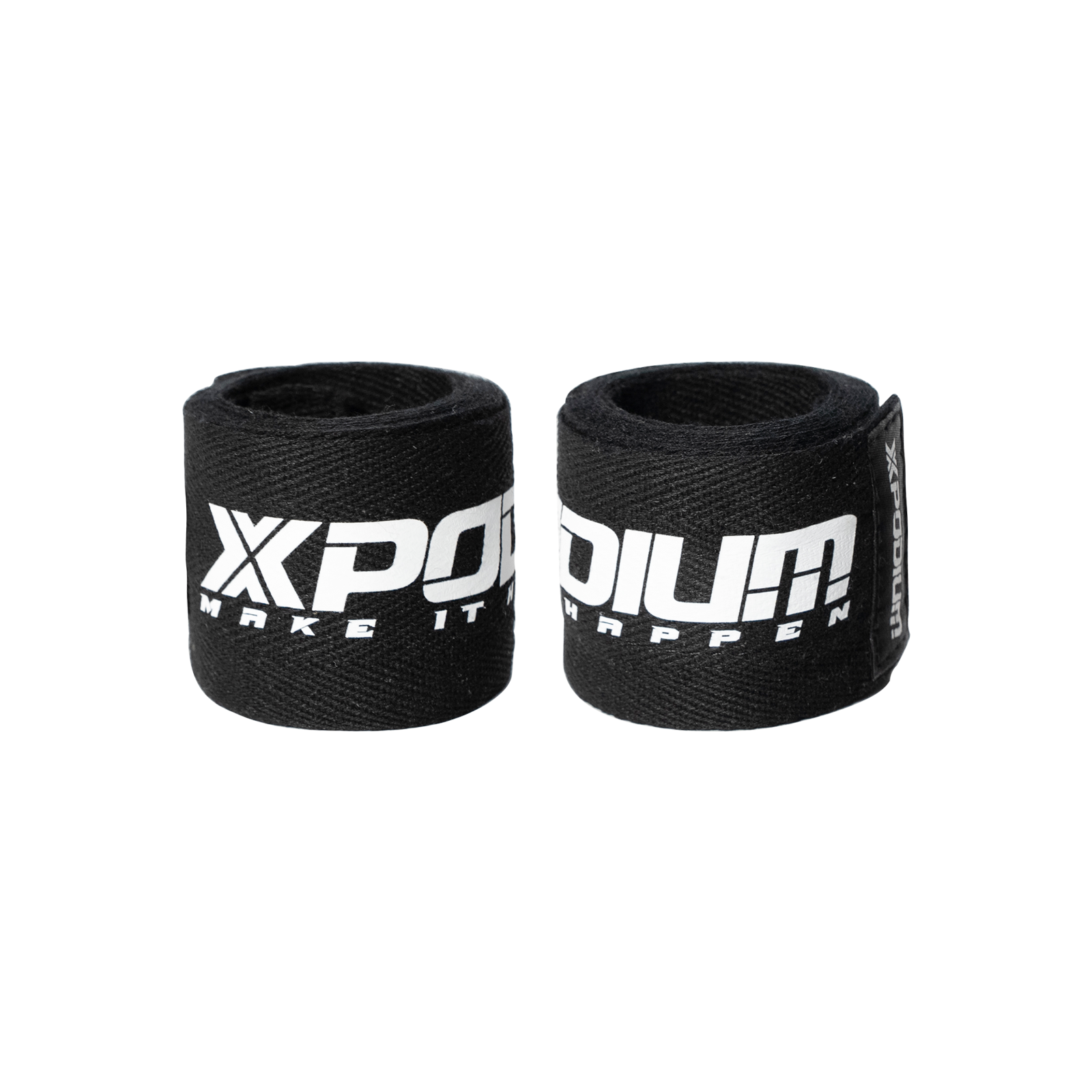 Two black wrist wraps with 'XPOM' branding on a white background
